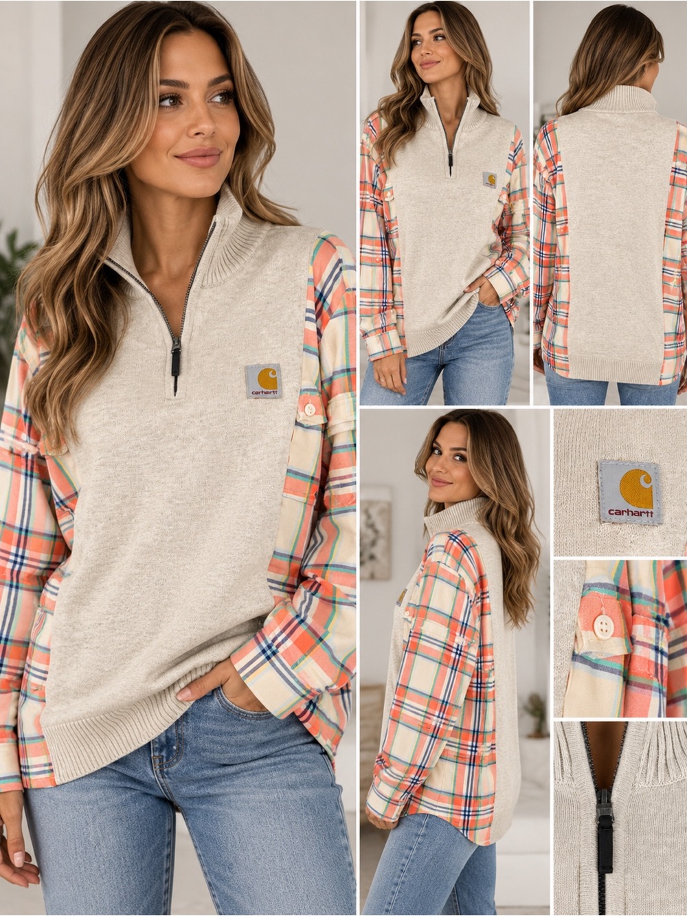 Upcycle Carhartt 1/4 Zipp Blouse Women's Size Medium (Oversized)